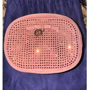 Tory Burch Pink Suede Crystal Embellished Cosmetic Bag / Pouch